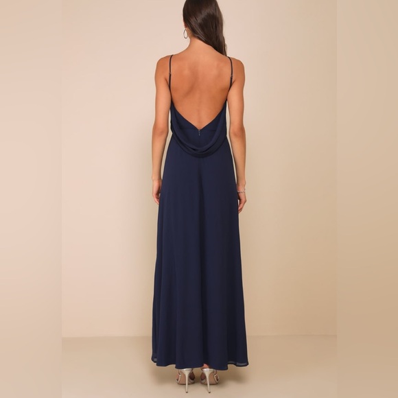 Lulus-Sophisticated Pose Navy Chiffon Boat Neck Backless Maxi Dress - Picture 3 of 6